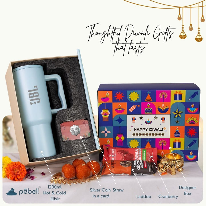 Diwali gift set with Stanley mug, Silver coin, dryfruit, and decorative box.