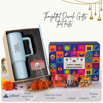 Diwali gift set with Stanley mug, Silver coin, dryfruit, and decorative box.