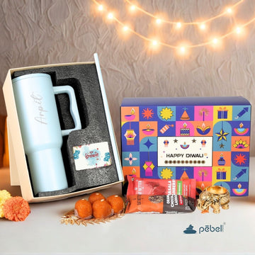Stanley Tumbler with Silver Coin, Healthy Snacks & Ladoos – Premium Diwali Gift Hamper
