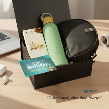 Gift set with vacuum steel water bottle, tech pouch, and birthday card.