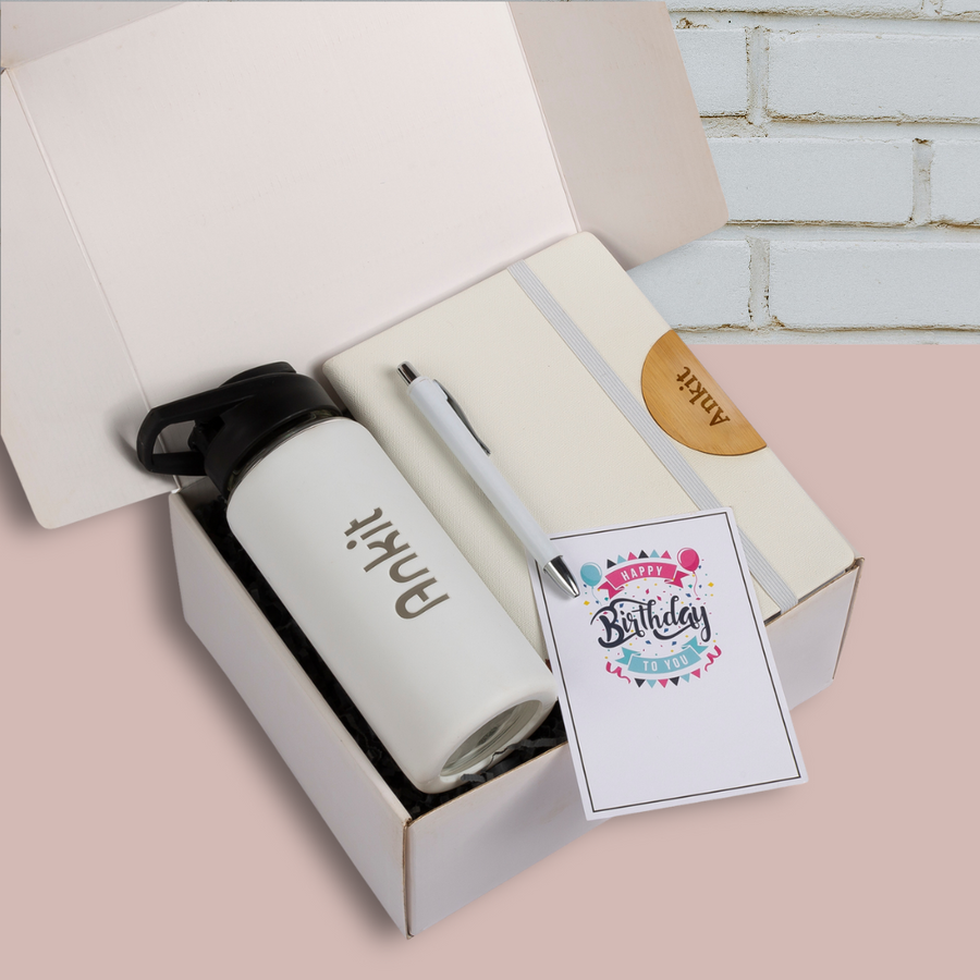 Personalized Gift Set | Glass Bottle, Diary & Pen