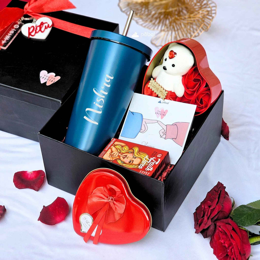 Tumbler, naughty cards, and love box in Valentine hamper