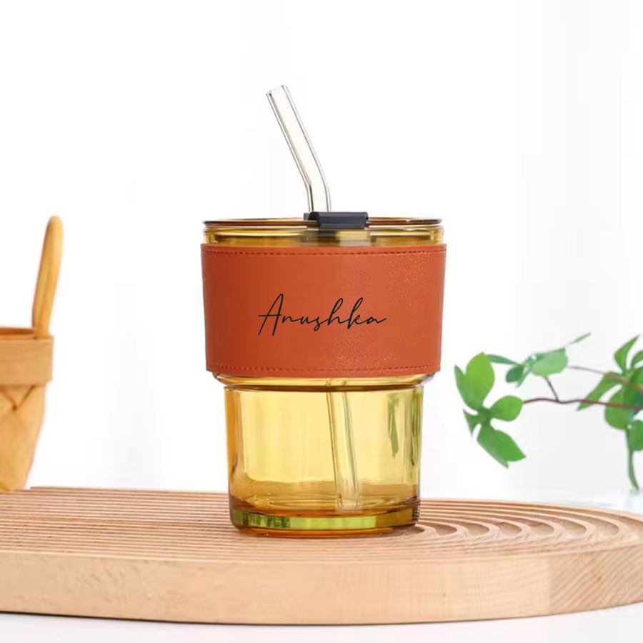 Personalized Juice/Coffee Tumbler with Glass Straw leather band