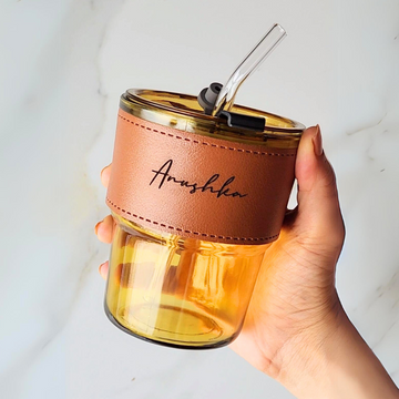 Personalized Juice/Coffee Tumbler with Glass Straw leather band