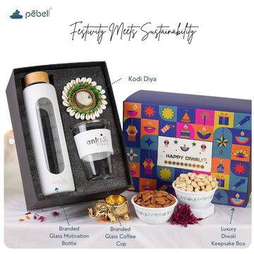 Diwali Gift set with glass motivation bottle, glass coffee cup, and luxury Diwali box 