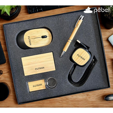 Set of office accessories including a mouse, pen, and keychain on a branded tray with 'FUTRAN' branding.