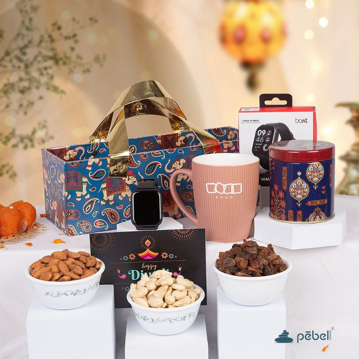 Premium Diwali hamper for corporate gifting with dry fruits, personalized coffee mug, smart watch, designer gift box, festive jar, and greeting card – perfect for clients and employees.