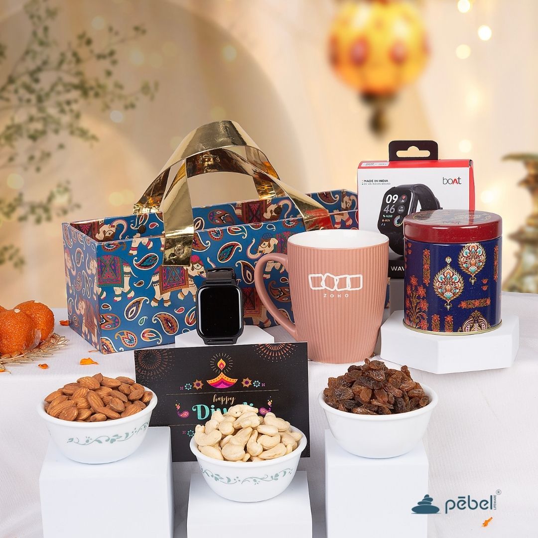 Premium Diwali hamper for corporate gifting with dry fruits, personalized coffee mug, smart watch, designer gift box, festive jar, and greeting card – perfect for clients and employees.