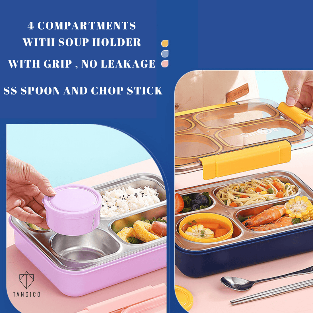 Leakproof Bento Customized Steel Lunch Box New| 4 compartments - Bowl, Spoon & Chopsticks