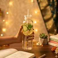 Modern Time Marking Borosilicate Glass Bottle & Viral Coffee Glass with Straw & Coaster | 750ml