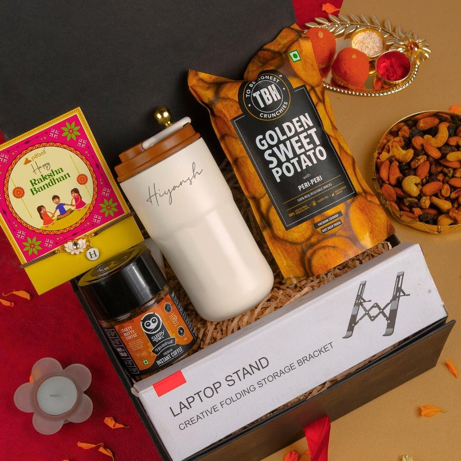 Rakhi gift hamper with insulated mug and laptop stand

