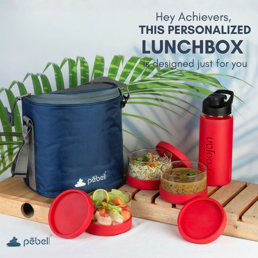 Personalized glass lunchbox set with insulated bag, containers, and water bottle
