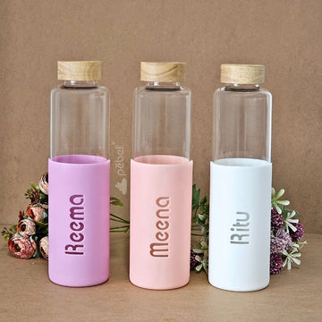 Personalized Name Glass Water Bottles in Pastel Color Silicon Cover