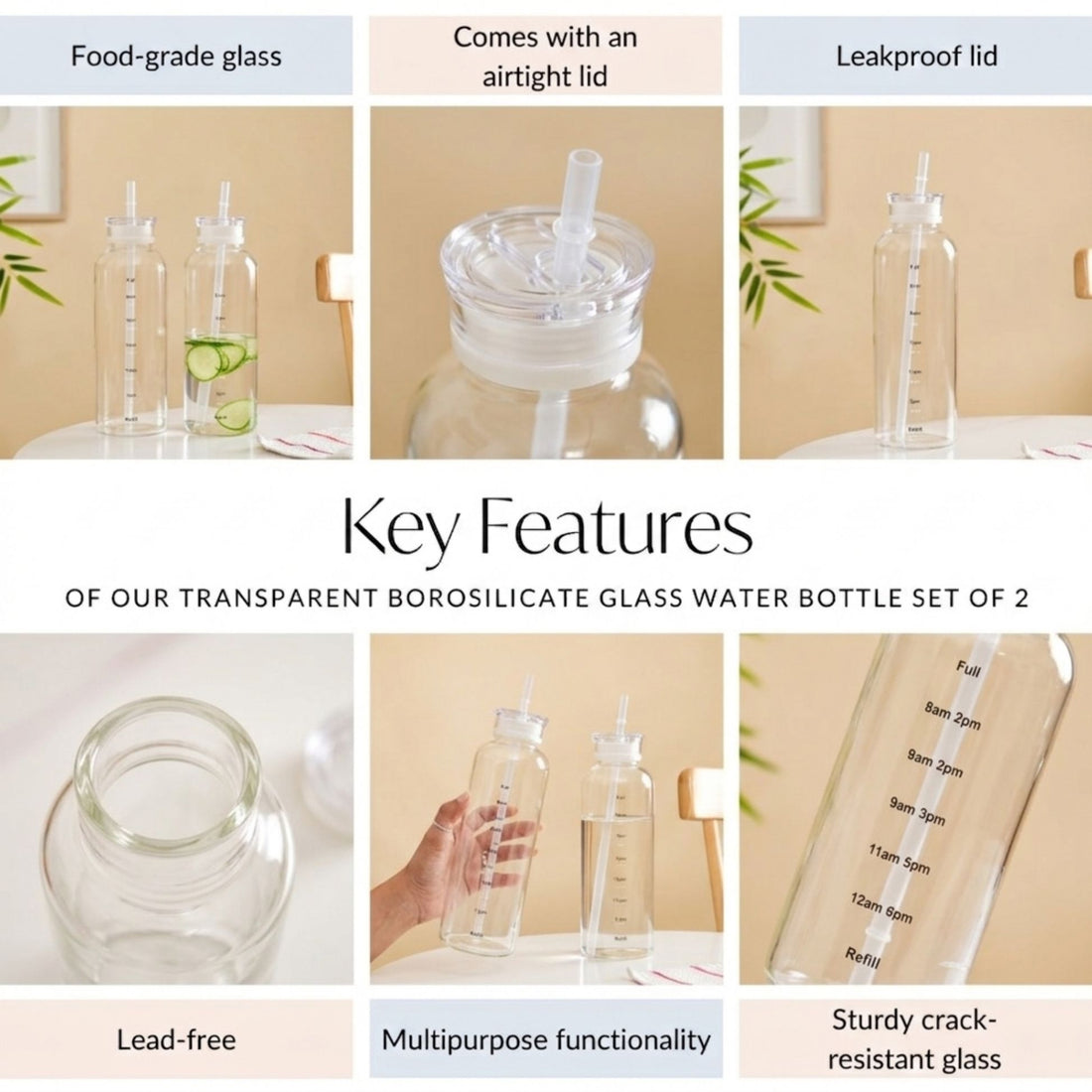 Time Marker Borosilicate Glass Water Bottle | 750ml