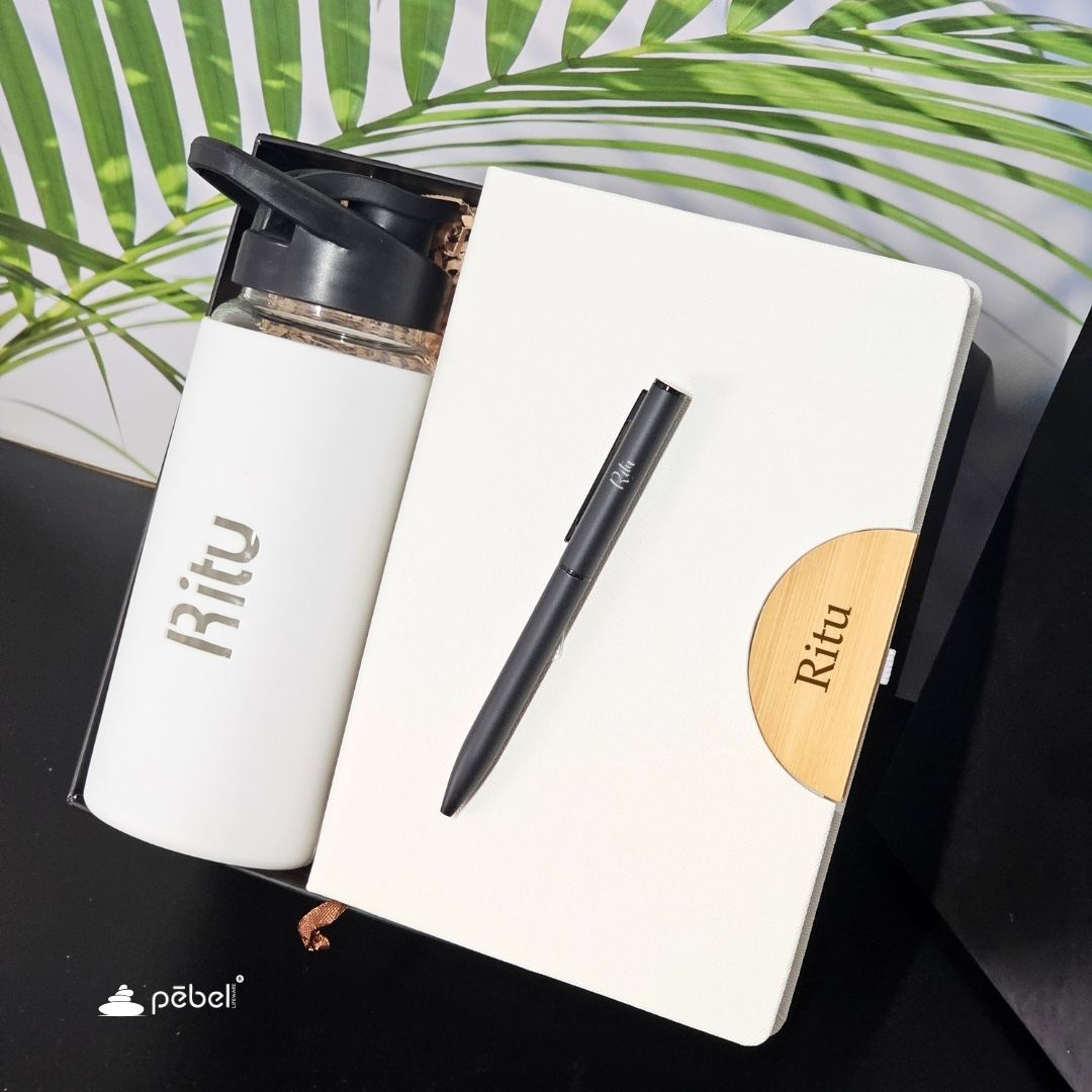 Personalized Gift Hamper | Glass Bottle, Diary & Pen
