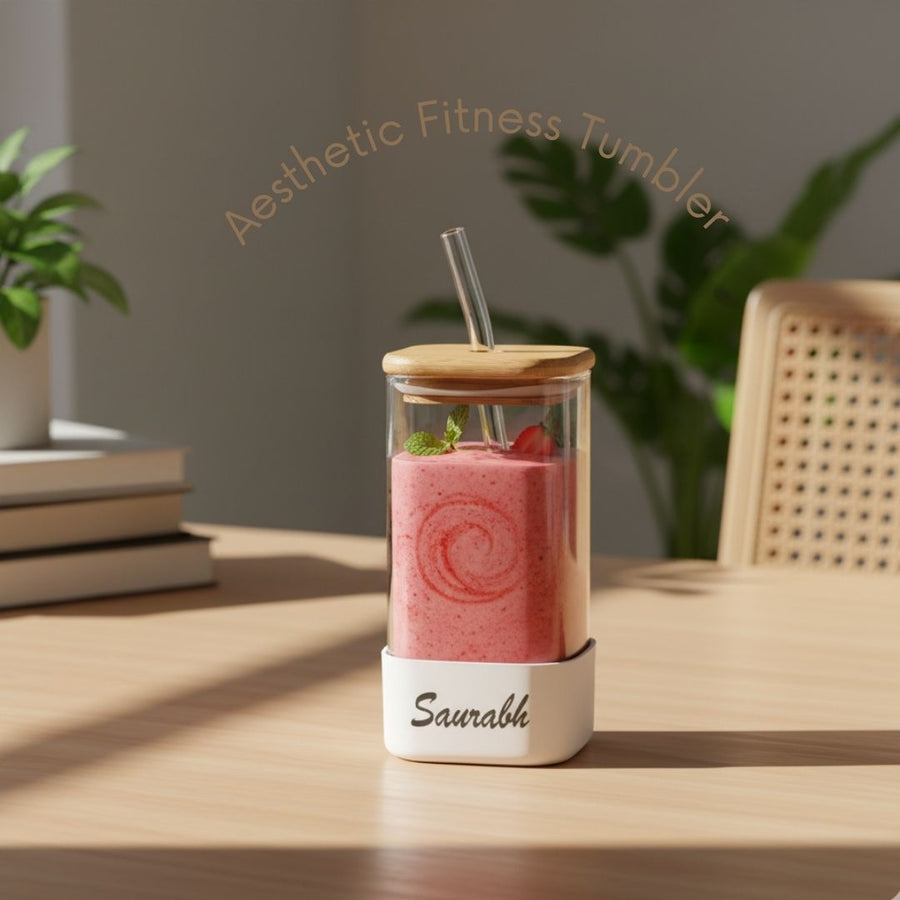 Customized Square Glass Tumblers with Silicone Sleeve at base, Bamboo Lid & Straw