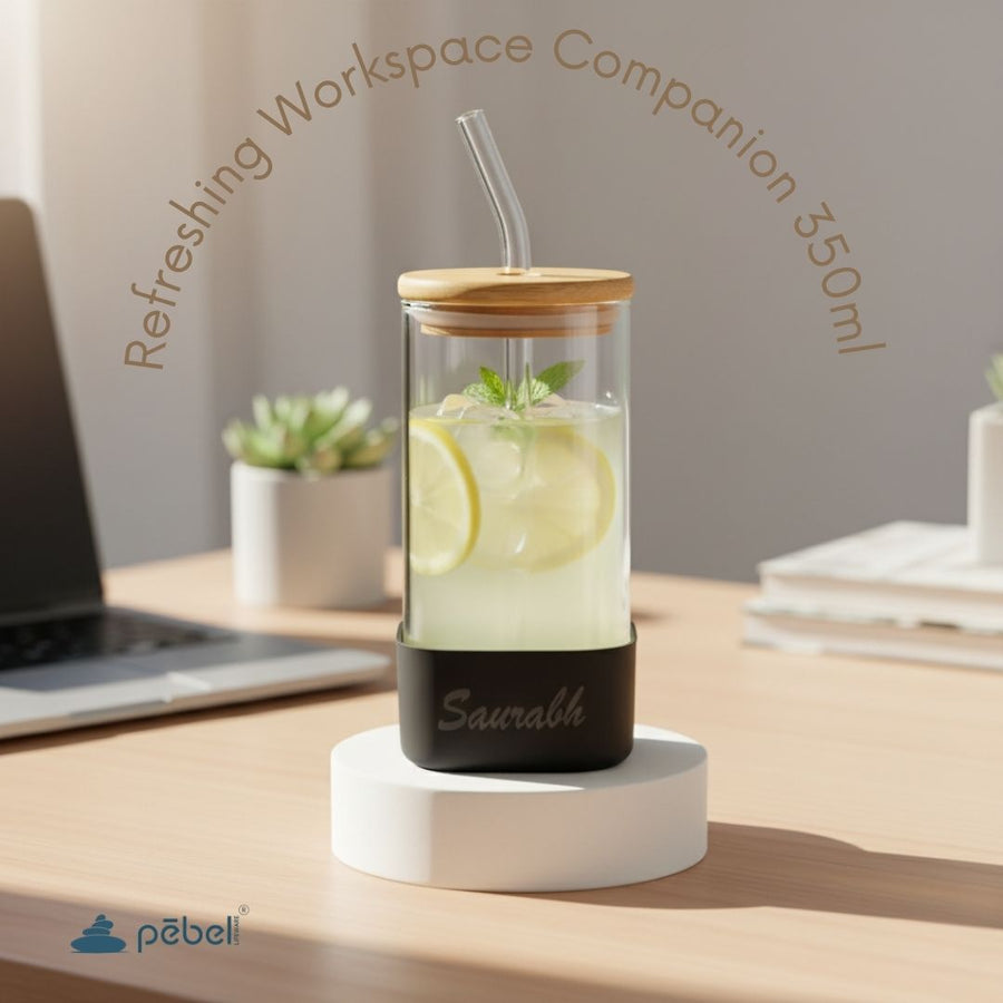 Customized Square Glass Tumblers with Silicone Sleeve at base, Bamboo Lid & Straw