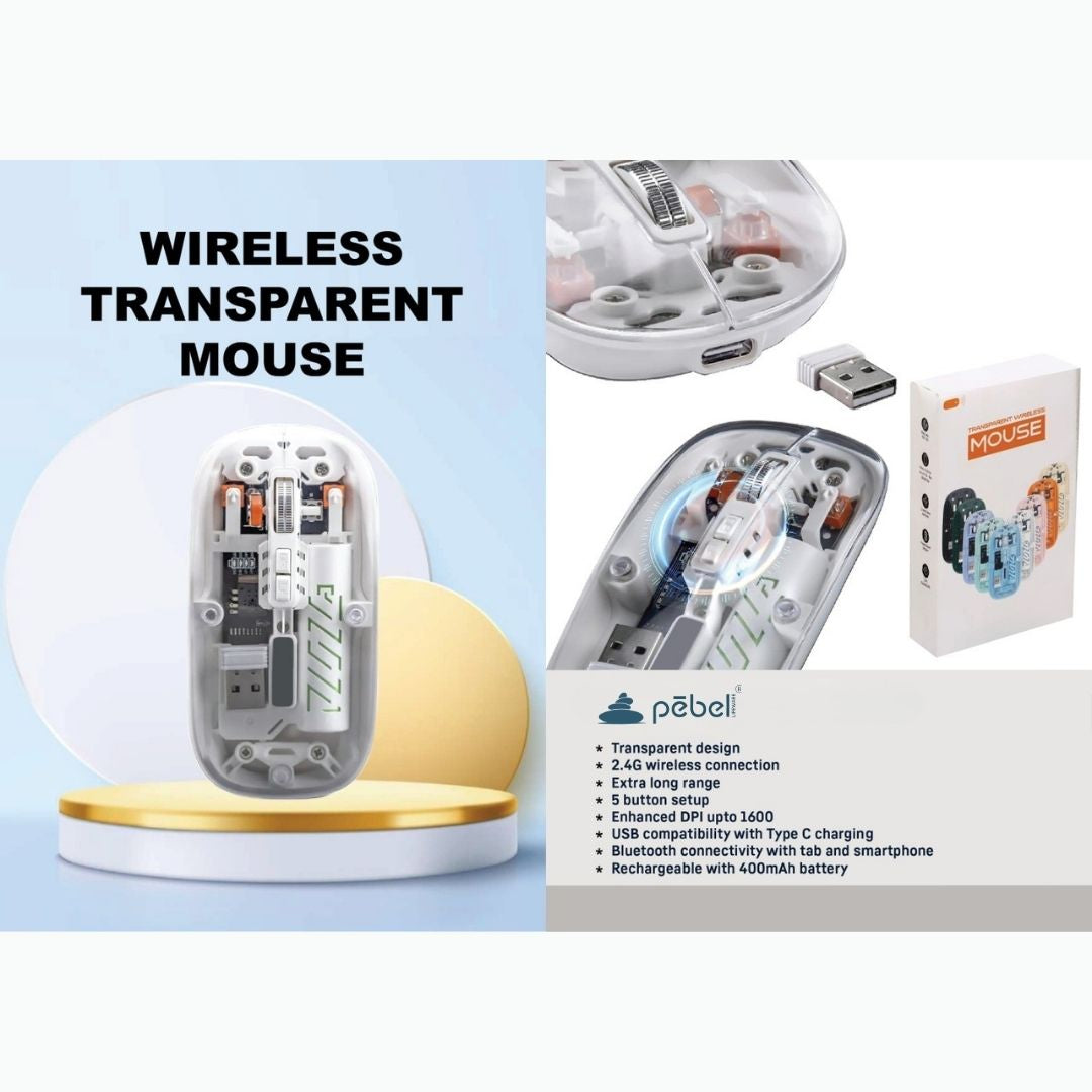 Wireless transparent mouse with packaging and specifications 