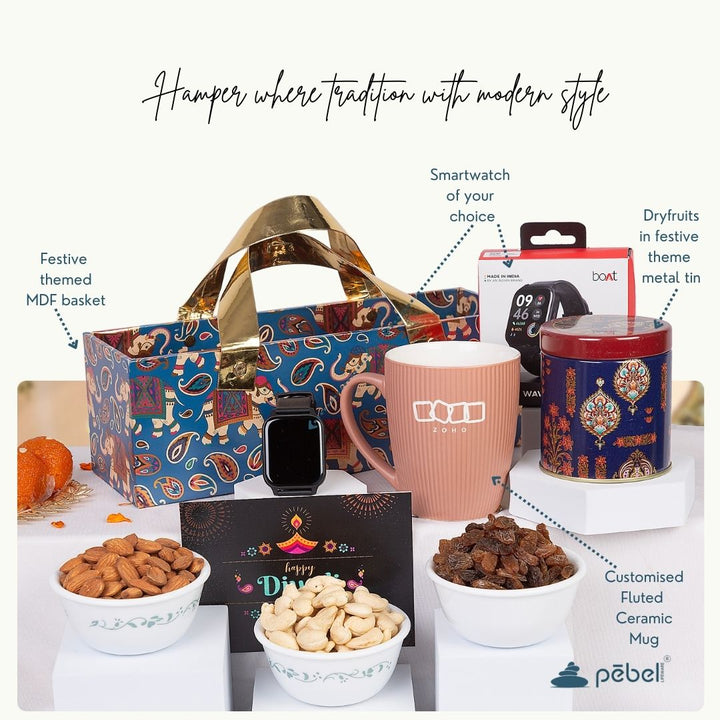 Customized Diwali hamper with dry fruits, logo mug, smartwatch, and greeting card for corporate festive gifting.